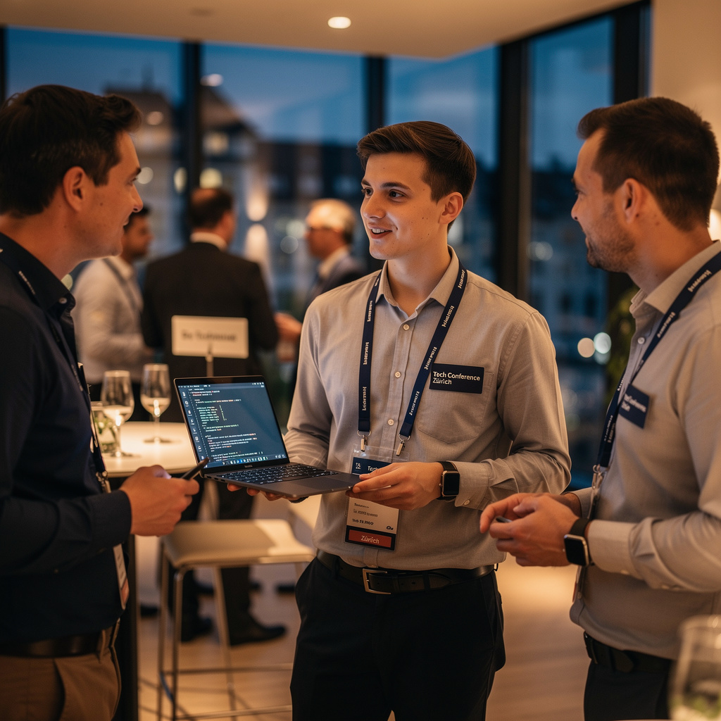 Junge IT-Fachkraft bei einem Networking-Event in Zürich mit Laptop und Kollegen im Gespräch