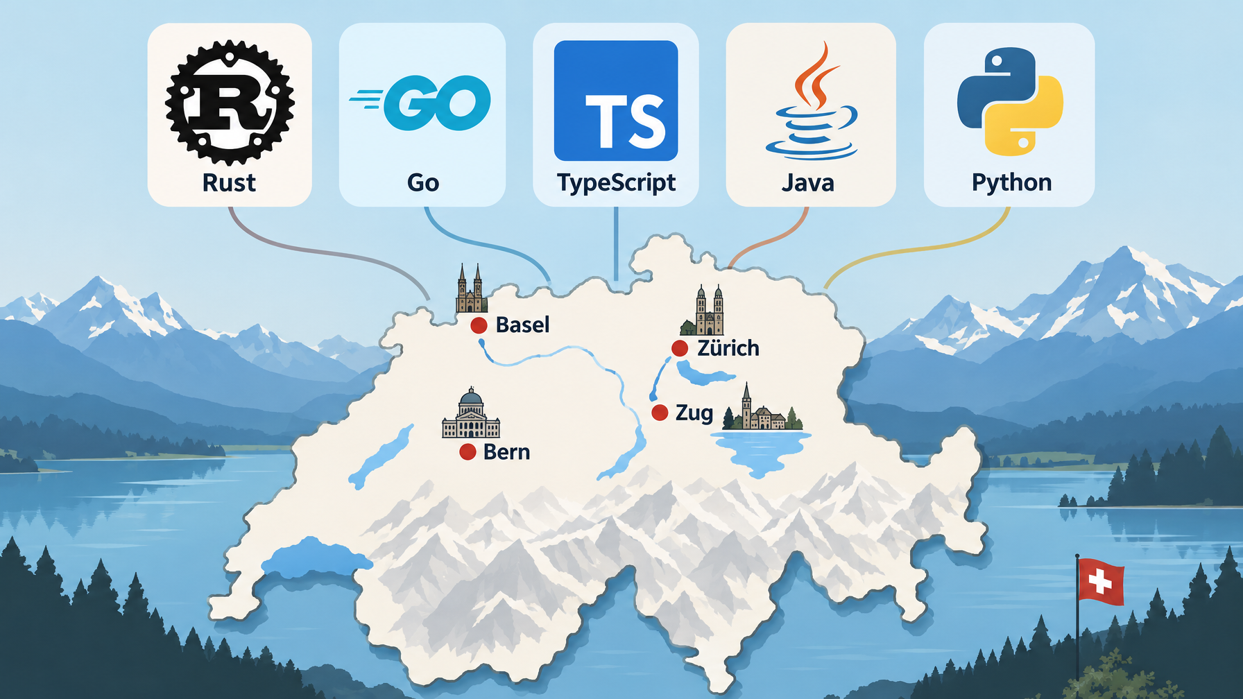 Grafik mit den fünf Programmiersprachen Rust, Go, TypeScript, Java und Python als Icons, angeordnet über einer stilisierten Schweizer Landkarte mit den Städten Zürich, Zug, Basel und Bern