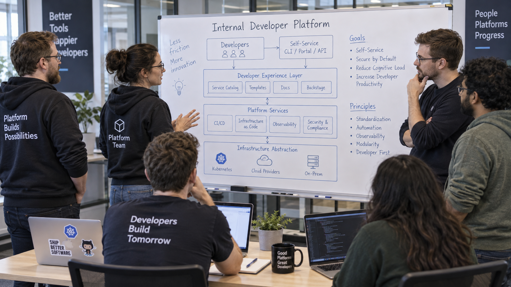 Ein Platform-Team diskutiert mit Softwareentwicklern an einem Whiteboard über die Architektur der neuen Internal Developer Platform.