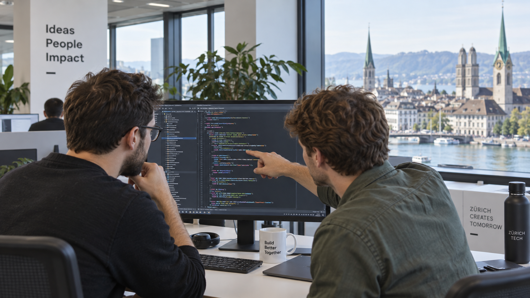 Zwei Entwickler betrachten Code auf einem Bildschirm in einem modernen Zürcher Büro.