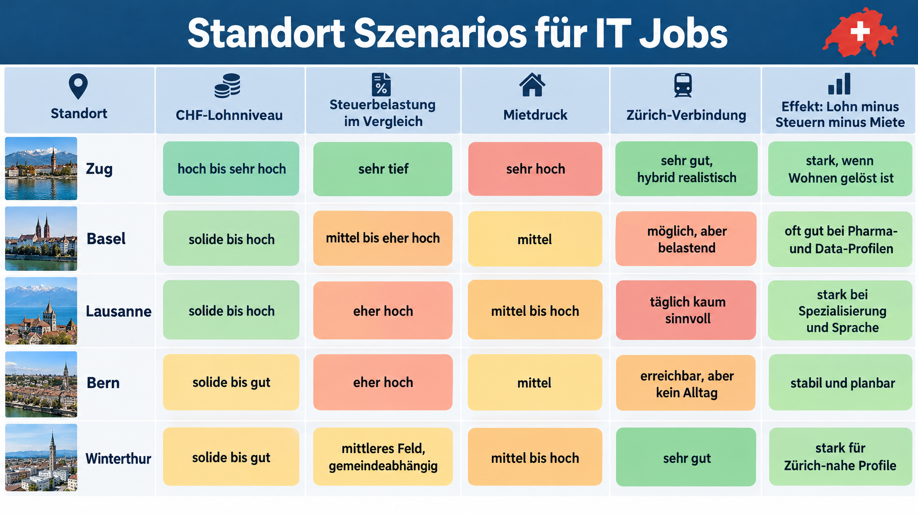 Standort Szenarios für IT JobsStandort     | CHF-Lohnniveau        | Steuerbelastung im Vergleich | Mietdruck            | Zürich-Verbindung           | Effekt: Lohn minus Steuern minus MieteZug    St