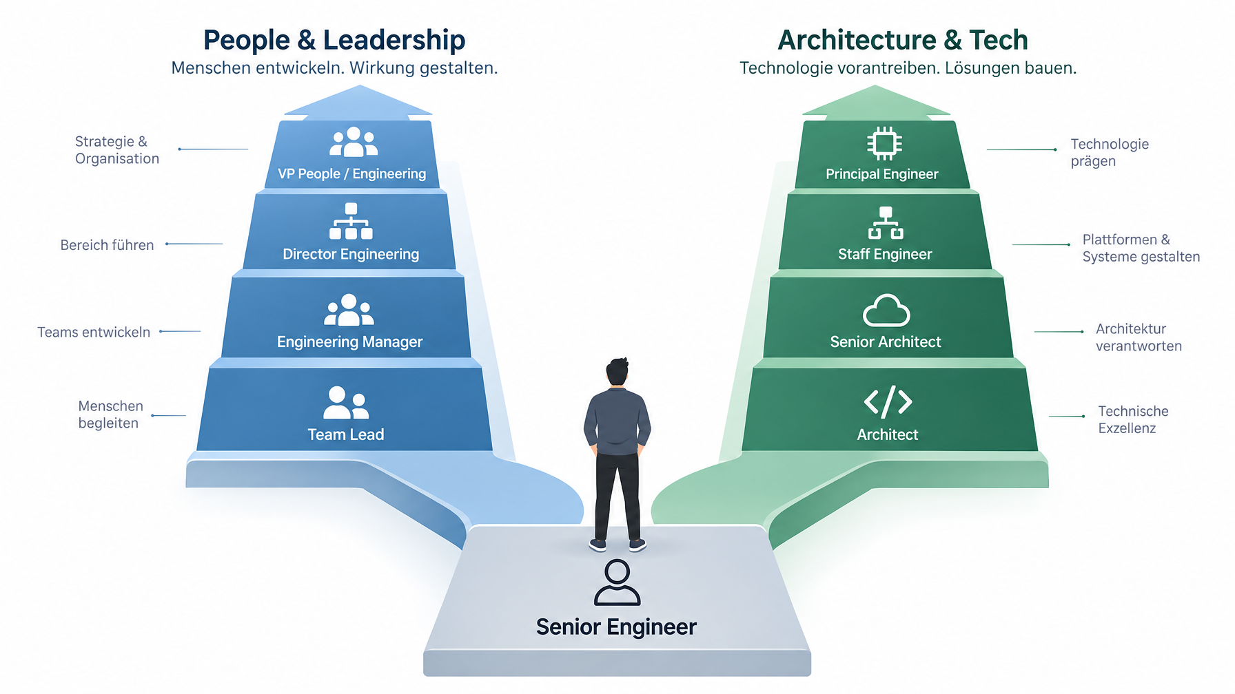 Illustration zweier parallel verlaufender Karriereleitern, links mit Symbolen für Personalführung, rechts mit Symbolen für Architektur und Code, beide starten bei einem gemeinsamen Punkt «Senior Engin