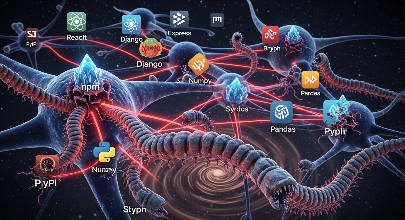 Konzeptionelle Visualisierung der Verbreitung des Shai-Hulud Wurms über verschiedene npm und PyPI Pakete hinweg, dargestellt als infiziertes neuronales Netzwerk.
