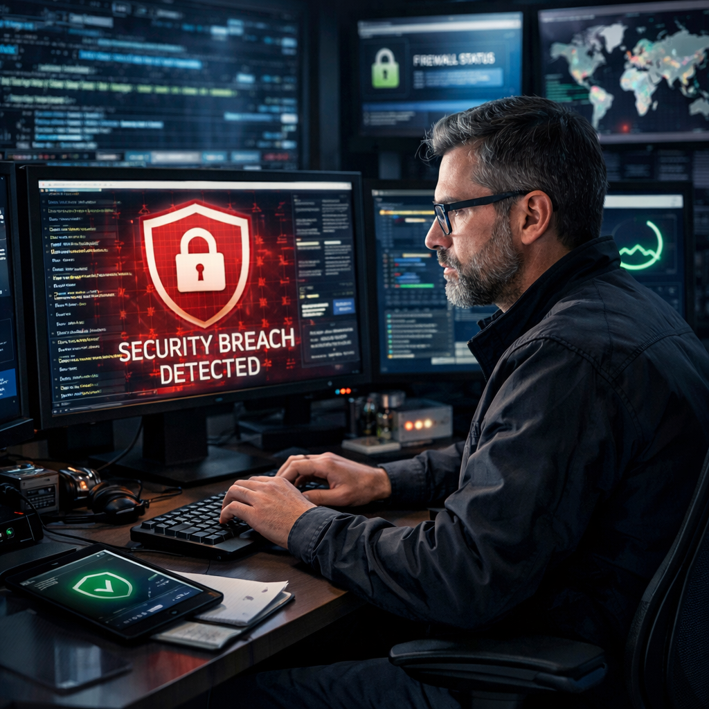 Ein Sicherheitsexperte, der an einem Computer arbeitet, umgeben von Code und Sicherheitssoftware.