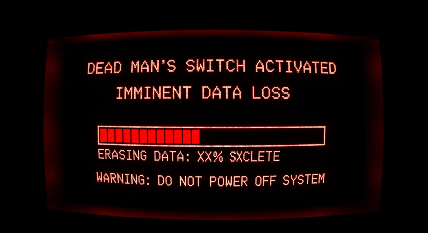 Eine bedrohliche rote Warnmeldung auf einem schwarzen Terminal-Bildschirm, die den Dead-Man's Switch und den drohenden Datenverlust symbolisiert.