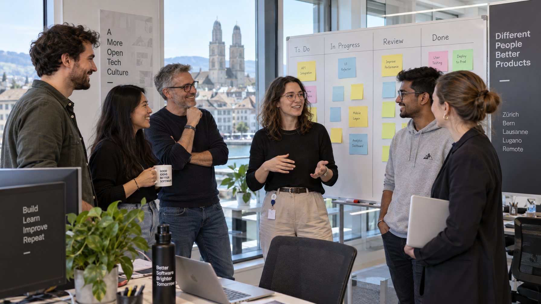 Mehrsprachiges Entwicklungsteam in einem Zürcher Büro beim Stand-up vor einem Kanban-Board, entspannte Atmosphäre, unterschiedliche Altersgruppen