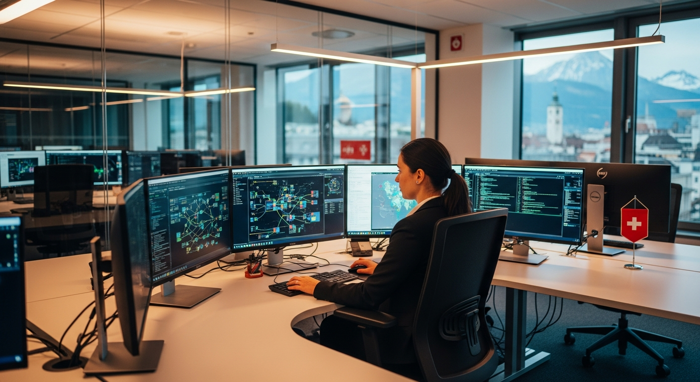 Cybersecurity-Analystin vor mehreren Monitoren mit Netzwerkdiagrammen und Security-Dashboard in einem modernen Schweizer Büro