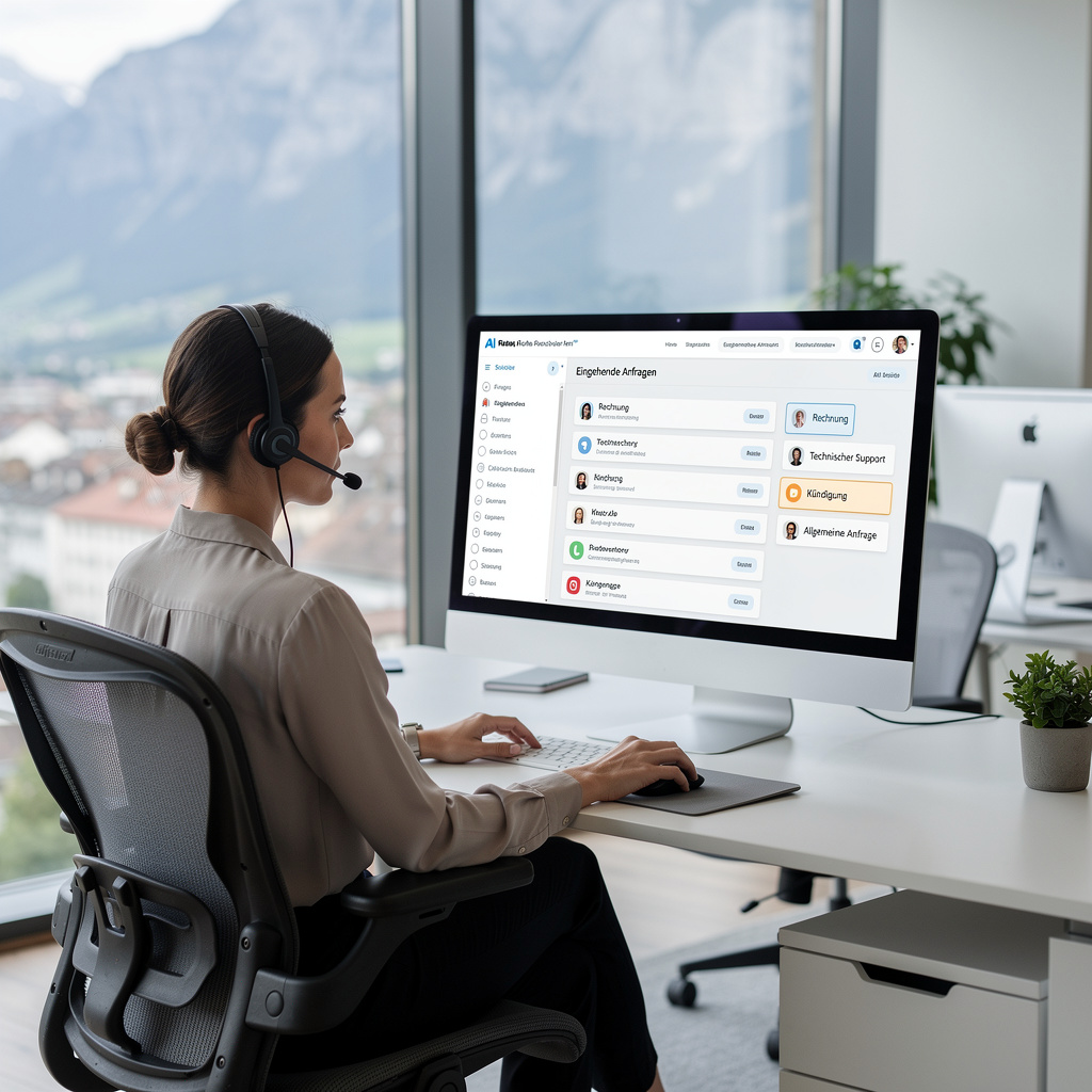 Kundendienst-Mitarbeiterin in einem Schweizer Büro vor einem Bildschirm, auf dem ein KI-System eingehende Anfragen automatisch in Kategorien sortiert