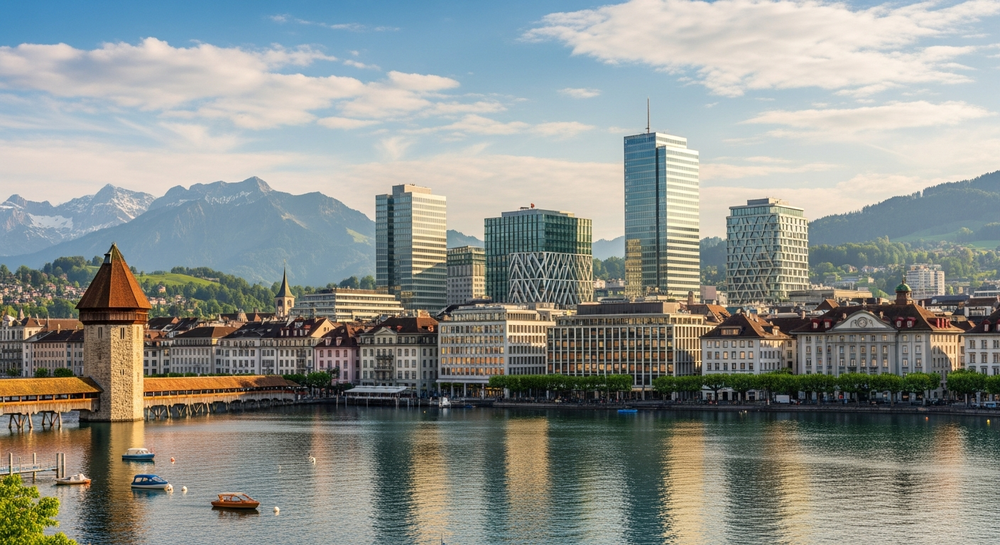 Panoramablick auf die Stadt Luzern mit dem Vierwaldstättersee und modernen Bürogebäuden neben historischer Architektur