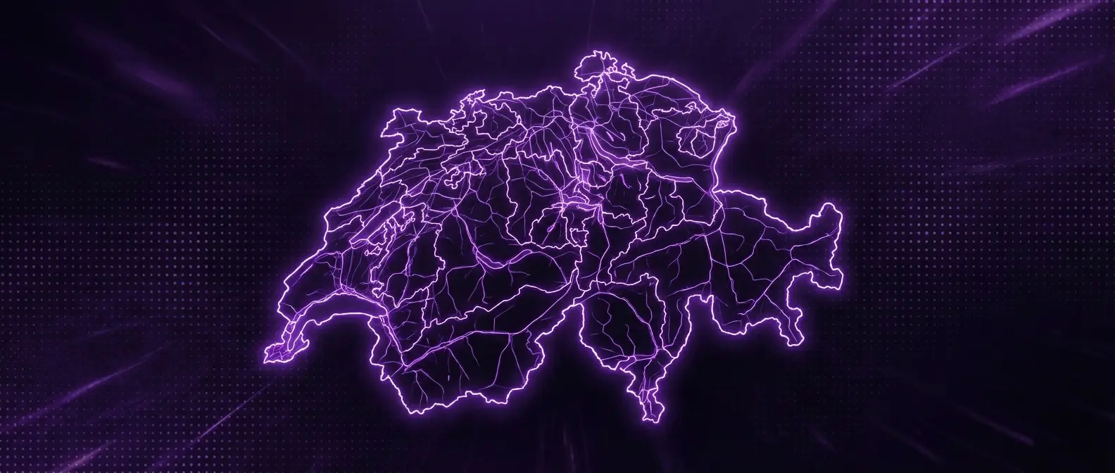 Abstrakte Karte der Schweiz mit leuchtenden Knotenpunkten in Zürich, Bern, Basel und Lausanne, die das Tech-Ökosystem visualisieren.